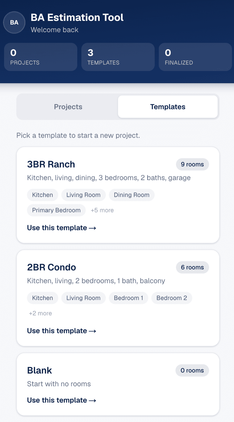 Field estimation app — room-by-room bid templates